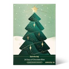 a card with a christmas tree and stars on it, says favorite day 24 days of chocolate bliss