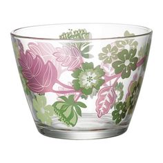 a glass bowl with flowers painted on it