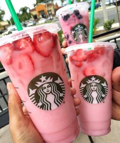 two starbucks drinks with strawberries and ice cream in them are pictured on the instagram page