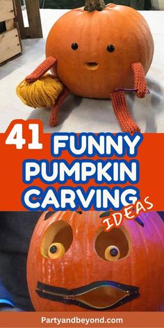 four pumpkins with faces and words on them that read, funny pumpkin carving ideas