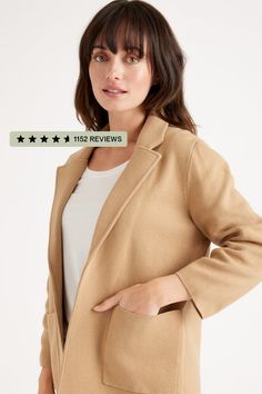 Layer up and level up. We present to you: the knit blazer. This 100% organic cotton blazer is a great addition to throw on for a slightly more formal look without the usual stiff blazer feeling. With a polished lapel, two patch pockets, and bracelet-length sleeves it's giving CEO vibes, but effortless.  | Quince | Women's Knit Blazer in Camel, Organic Cotton, Size Small Silk Pajama Pants, Long Cut, Bow Detail Dress, Cotton Blazer, Knit Blazer, Organic Fabrics, Linen Blazer, Formal Looks, Knitting Women