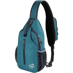 a blue sling bag with two zippers on the front and one has a black strap