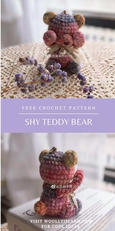 a teddy bear made out of crochet sitting on top of a book with the words, free crochet pattern shy teddy bear