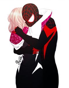 two people hugging each other in front of a white background with spider - man on it