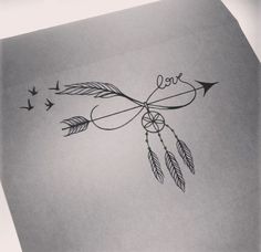 a drawing of an arrow with the word love written on it and birds flying around