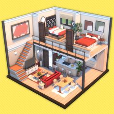 an overhead view of a living room and bedroom in a house model with stairs leading up to the second floor