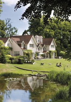 a large white house sitting on top of a lush green field next to a lake