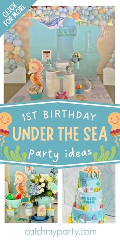 an under the sea birthday party with lots of decorations and cake on it's table