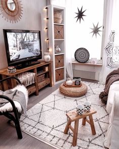 a living room filled with furniture and a flat screen tv on top of a wooden stand