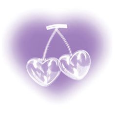 two heart shaped cherries hanging from a hook on a purple and white light background