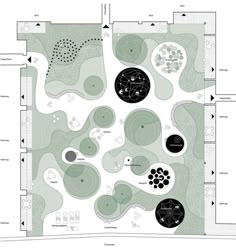 the ground plan for an outdoor garden with various plants and trees, including rocks, grass,