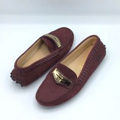 Tod's Gommino Leather Burgundy Driving Loafers With Gold Accent Size 36.5 New Without Box, Never Worn ( Small Mark From Sticker Tag, Shown In Pic) Leather Upper Almond Toe Slip-On Style Leather Lining Rubber Driver Sole Made In Italy Womens Driving Loafers, Driving Shoes Women, Black Velvet Loafers, Studded Loafers, Tods Shoes, Velvet Loafers, Suede Ballet Flats, Ballerina Shoes Flats, Suede Moccasins