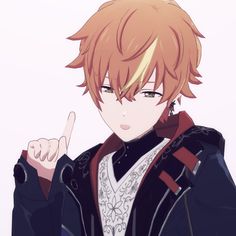 an anime character pointing to the side with his finger in one hand and wearing a black jacket