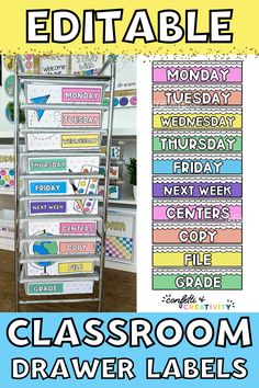 classroom drawer labels with the words editable on them and an image of a bookcase