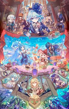 an anime poster with many different characters around the table and in front of it is a large group of people