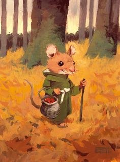 a painting of a mouse holding a bucket and walking through the woods with a stick