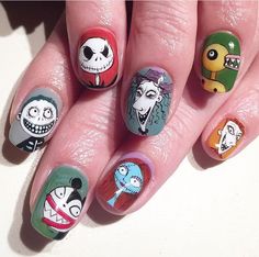 Nightmare before Christmas nails by  @nailsalonavarice Nails Art Halloween, Before Christmas Nails, Halloween Nightmare Before Christmas, Disneyland Nails, Nightmare Before Christmas Nails, Cotton Candy Nails, Christmas Nail Art Designs, Nail Art Disney, Disney Nails