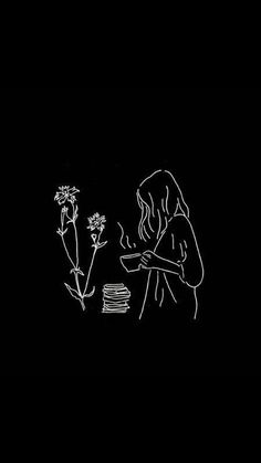 a drawing of a woman sitting at a table with flowers