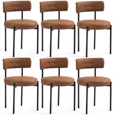 six chairs with black legs and brown upholstered backrests, all in different positions