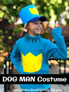 a young boy wearing a blue and yellow costume with the words dog man costume on it