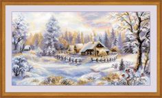 a snowy scene with a house and trees in the background, cross stitched on canvas