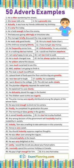 the 50 adverb examples are shown in this printable worksheet for kids