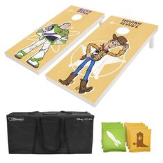 woody and buzz lightyear cornhole game set with carrying bag, tossers, and tote bags