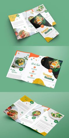 three different views of food menus with green and yellow accents on the front, one in