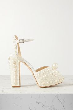 Jimmy Choo Sacaria, Wedding Platform, Ankle Strap Block Heel, Satin Heels, White Pumps, Bridal Inspo, Long Train, Wedding Heels, Jimmy Choo Shoes