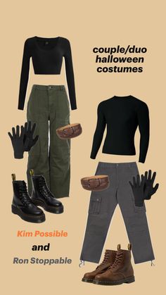 four different types of clothing and accessories for people who are wearing black, green, brown