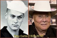 an old man wearing a white cowboy hat and another with a black shirt on it