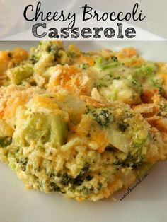 cheesy broccoli casserole on a white plate with text overlay