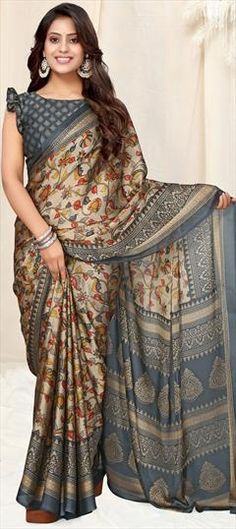 Beige and Brown color Saree in Chiffon fabric with Printed work Elegant Kalamkari Print Blouse Piece For Wedding, Elegant Blouse Piece With Kalamkari Print For Wedding, Elegant Wedding Blouse Piece With Kalamkari Print, Elegant Multicolor Saree With Kalamkari Print, Elegant Multicolor Kalamkari Print Saree, Elegant Multicolor Kalamkari Saree, Elegant Wedding Saree With Kalamkari Print, Elegant Multicolor Fabric With Zari Work, Elegant Multicolor Fabric For Festivals