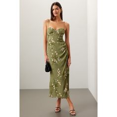 Green floral chiffon (100% Viscose). A-line. Sleeveless. Sweetheart. Back zipper closure. 44.5" from shoulder to hemline. Imported. Slow Loris, Floral Frocks, Floral Bridesmaid Dresses, Metallic Shoes, Ruched Skirt, Rent The Runway, Closet Designs, Floral Chiffon, Wedding Guest Dresses