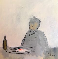 a painting of a boy sitting at a table with a plate and bottle in front of him