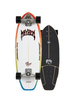 a skateboard with an orange and blue design on the bottom, next to a black and white one