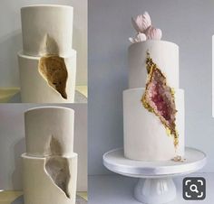 three different views of a white cake with gold leaf decorations