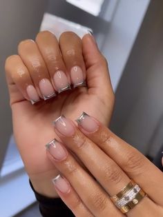 Chrome French Tip Nails Short, Silver Chrome French Tip Nails, Silver Chrome French Tip, Silver French Tip Nails, French Tip Nails Short, Tip Nails Ideas, French Tip Nails Ideas, Silver French Tip, Chrome French Tip Nails