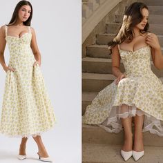 This Dress Is Cut From A Stretch Cotton-Rich Fabric That's Bursting With Elegant Florals. It Has A Gathered Bust With A Corseted Bodice And The Skirt Falls Beautifully From The Cinched Waist. It Has A Pretty Lace Trim That Peeks Below The Hemline. The Soft Tulle Underskirt Enhances The Ultra Feminine Silhouette Making 'Rosalee' The Perfect Garden Party Dress For Warmer Days. The 'Regular Cup' Option Suits Cup Size A-C Whilst The 'Bigger Cup Option Suits Cup Size D-E. By Using Digital Printing Te Yellow Dress With Sweetheart Neckline And Fitted Bodice, Yellow Midi-length Dress With Fitted Bodice, Yellow Fitted Bodice Midi Dress, Yellow Midi Dress With Fitted Bodice, Yellow Midi-length Wedding Dress, Yellow Spring Dress With Sweetheart Neckline, Spring Yellow Dress With Sweetheart Neckline, Yellow Dress With Sweetheart Neckline For Brunch, Yellow Midi Length Wedding Dress