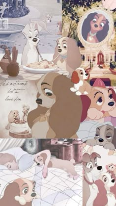 many different pictures of dogs and people in the disney movie, including lady and the tramp