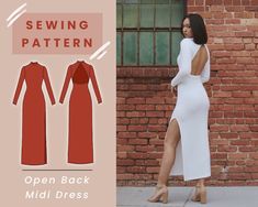 a woman in a white dress is standing next to a brick wall and wearing the sewing pattern