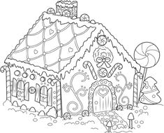 a gingerbread house with candy and candies on the roof, outlined in black and white