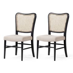 a pair of black and white chairs with caned backrests on each side