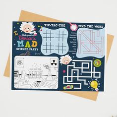 a greeting card with the words mad science party on it and an image of a maze