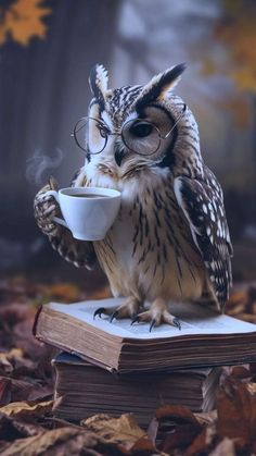 an owl sitting on top of a book drinking from a cup