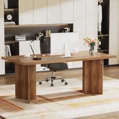 a wooden desk sitting on top of a white rug