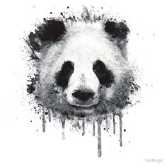 a black and white photo of a panda bear's face with paint splatters on it