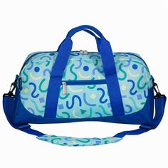 a blue and white duffel bag with an interesting pattern on the front, two zippered sides