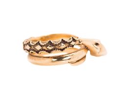 This fascinating 1950s Retro Serpent Ring is a multi-band ring crafted from 14k yellow gold. It has 2-3 bands depending on which side you look at. It has 1 smooth high polish band and 1 Diamondback textured band! It is set with 3 Akoya Pearls - 2 pearl eyes with 1 larger pearl in the mouth. The largest pearl measures 4 millimeters. This ring is slightly adjustable and the width tapers from 10-7 millimeters. This ring is fun, stylish and intriguing! Stack it like a band ring or wear it as a state Unique Gold Snake Ring For Formal Events, Unique Gold Snake Ring For Formal Occasions, Heirloom Style Gold Stackable Rings, Vintage Stackable Jewelry With Round Band, Vintage Yellow Gold Ring Jewelry, Vintage 14k Gold Stackable Jewelry, Vintage Yellow Gold Stackable Jewelry, Vintage 14k Gold Adjustable Stackable Rings, Unique Yellow Gold Snake Ring