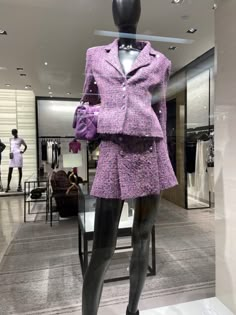 Chanel purple blazer and skirt set Chanel Skirt And Blazer, Chanel Two Piece Set, Purple Chanel Outfit, Purple Lawyer Aesthetic, Women Purple Suit, Blazer Outfits For Women Skirt, Chanel Matching Set, Purple Old Money Outfits, Chanel Set Outfit